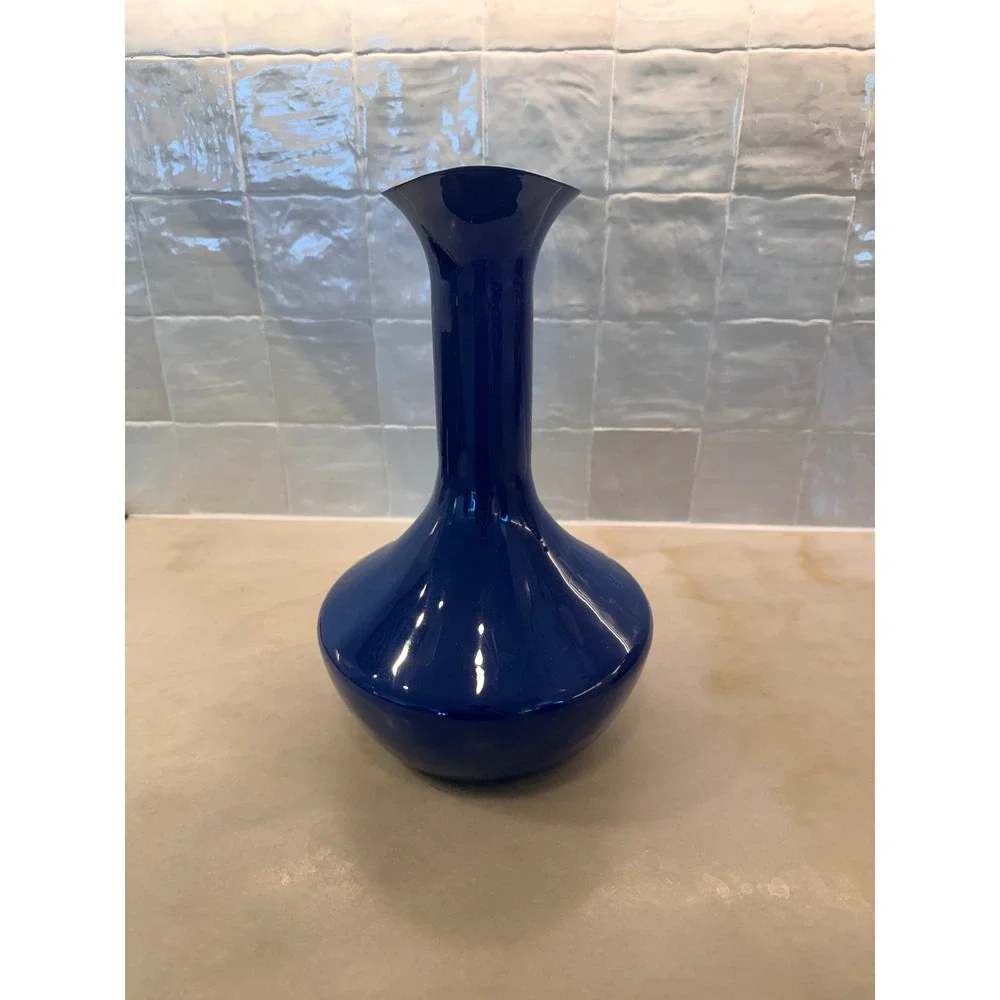 Anthropologie Cobalt Blue Enamel Pitcher Vase Rattan Handle Decorative 67484188
